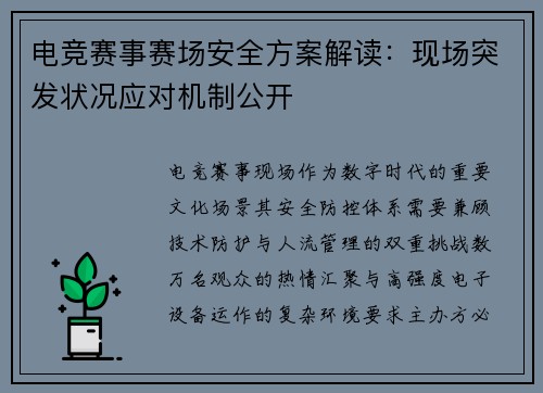 电竞赛事赛场安全方案解读：现场突发状况应对机制公开