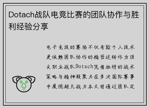 Dotach战队电竞比赛的团队协作与胜利经验分享